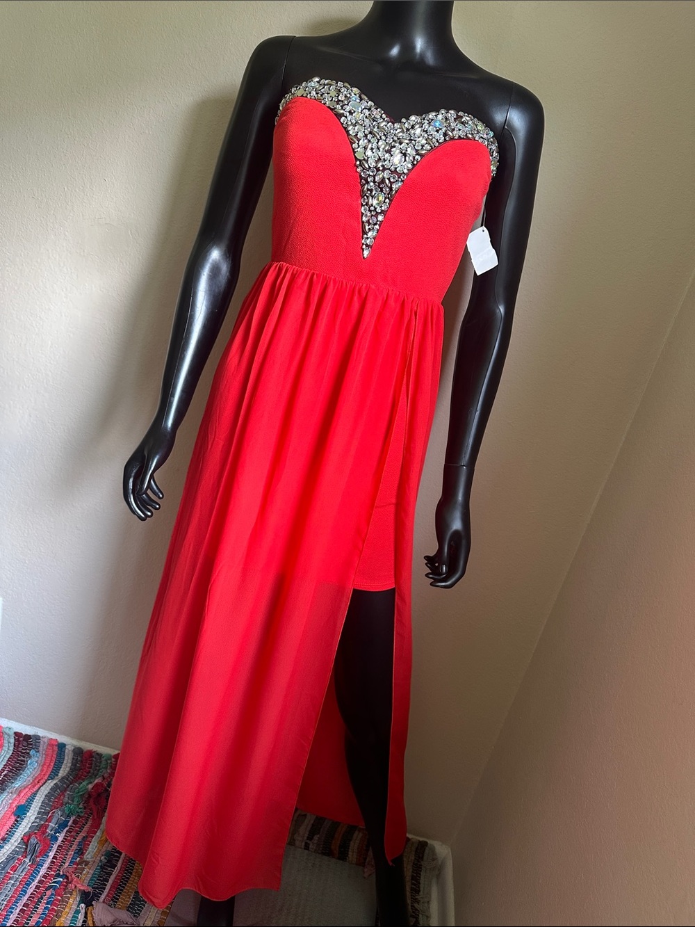 Strapless Red Evening Gown with Crystal-Trimmed Sweetheart Bodice